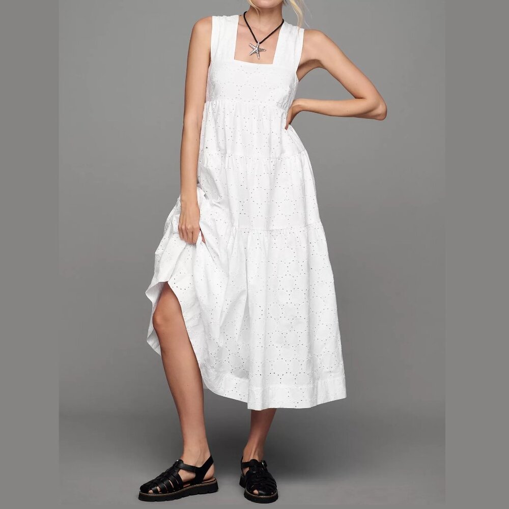 By Anthropologie Square-Neck Eyelet Tiered Midi Dress White Large Petite LP
